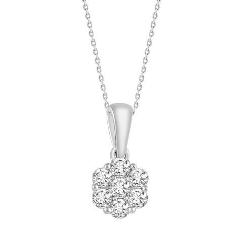 14K WHITE GOLD 1/2CT ROUND DIAMOND LADIES FLOWER PENDANT WITH CHAIN