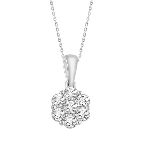 14K WHITE GOLD 1.00CT ROUND DIAMOND LADIES FLOWER PENDANT WITH CHAIN