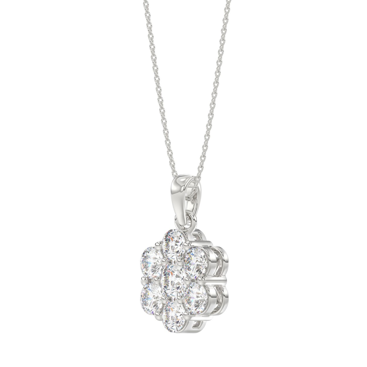 14K WHITE GOLD 1 1/2CT ROUND DIAMOND LADIES FLOWER PENDANT WITH CHAIN