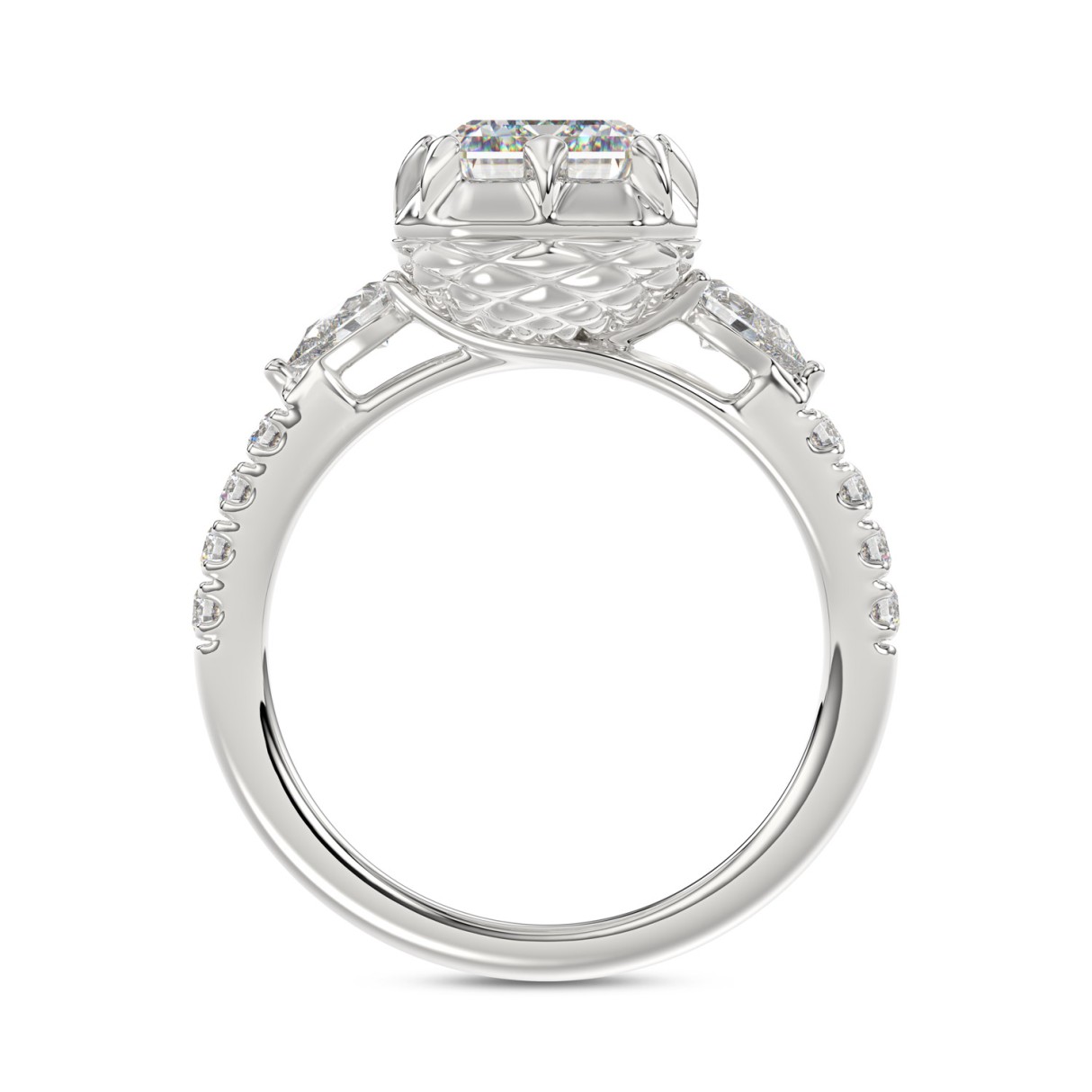 14K WHITE GOLD 3 1/2CT ROUND/PEAR/EMERALD DIAMOND LADIES RING (CENTER STONE EMERALD DIAMOND 3CT)