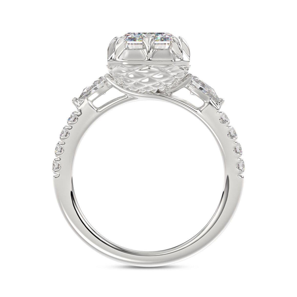 14K WHITE GOLD 3 1/2CT ROUND/PEAR/EMERALD DIAMOND LADIES RING (CENTER STONE EMERALD DIAMOND 3CT)