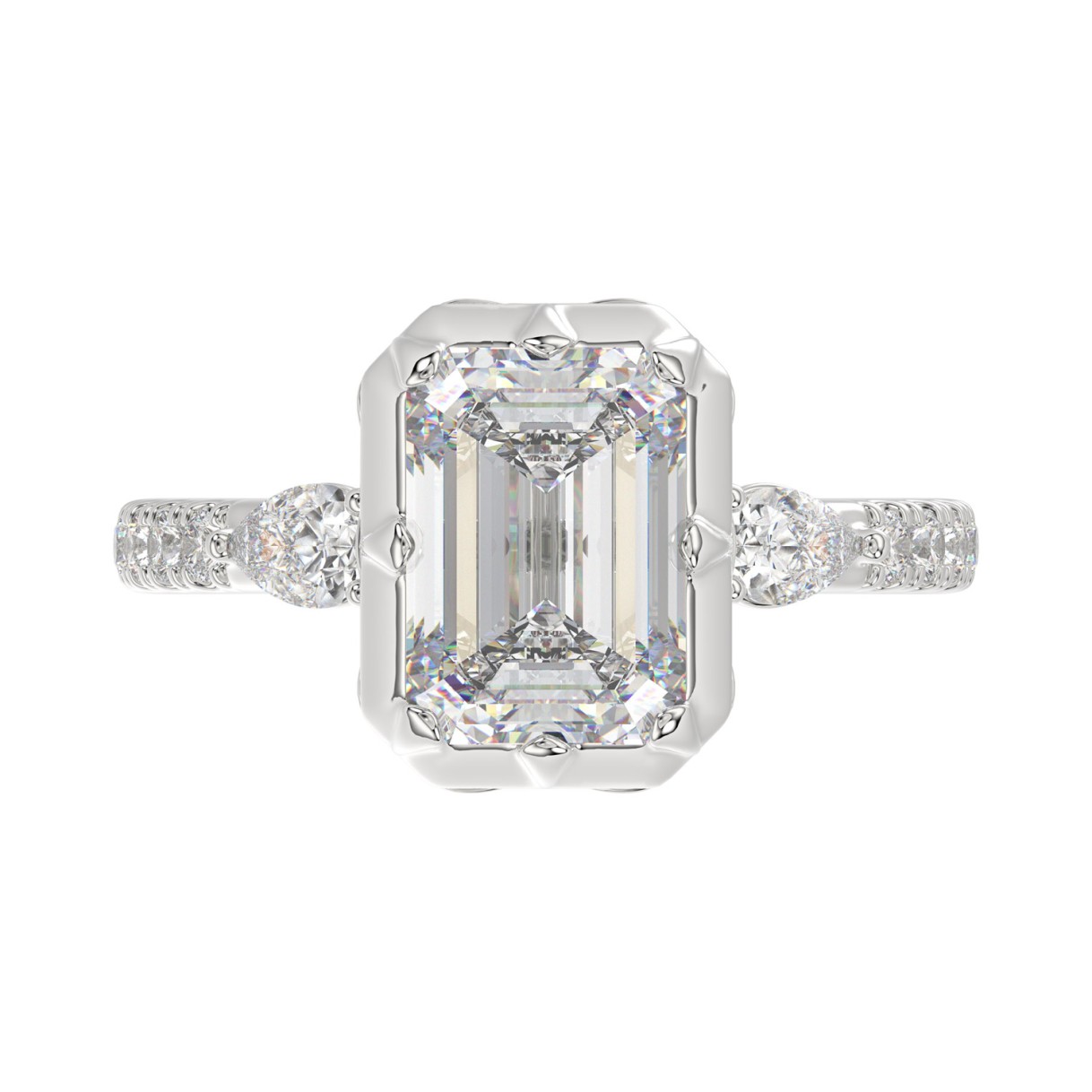 14K WHITE GOLD 3 1/2CT ROUND/PEAR/EMERALD DIAMOND LADIES RING (CENTER STONE EMERALD DIAMOND 3CT)