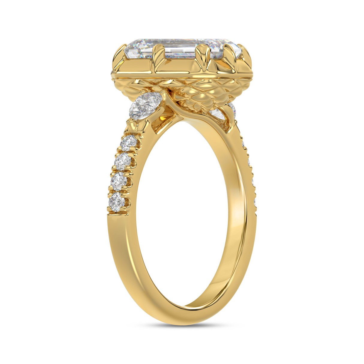 14K YELLOW GOLD 3 1/2CT ROUND/PEAR/EMERALD DIAMOND LADIES RING (CENTER STONE EMERALD DIAMOND 3CT)