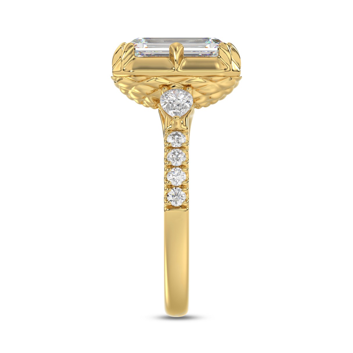 14K YELLOW GOLD 3 1/2CT ROUND/PEAR/EMERALD DIAMOND LADIES RING (CENTER STONE EMERALD DIAMOND 3CT)