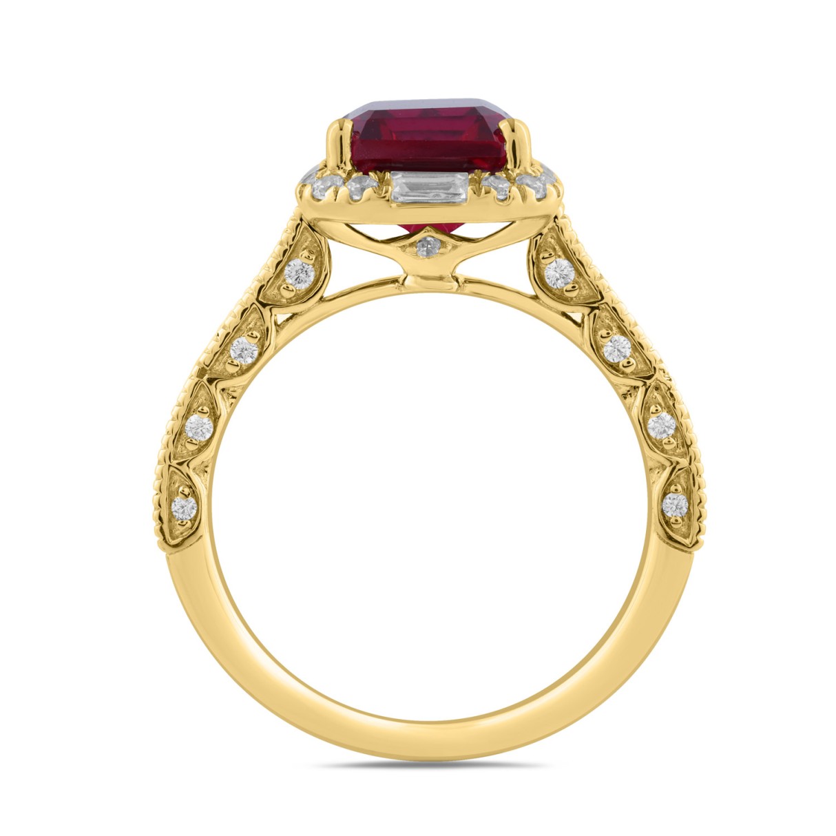 14K YELLOW GOLD 5 3/4CT ROUND/EMERALD/BAGUETTE DIAMOND LADIES RING (CENTER STONE EMERALD RUBY DIAMOND 5CT)