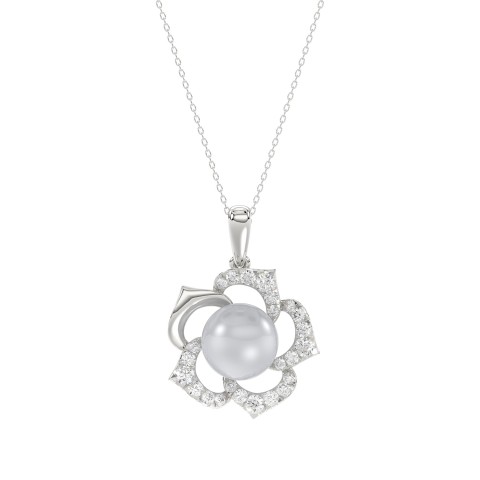 14K WHITE GOLD 1/4CT ROUND/PEARL DIAMOND LADIES PENDANT WITH CHAIN