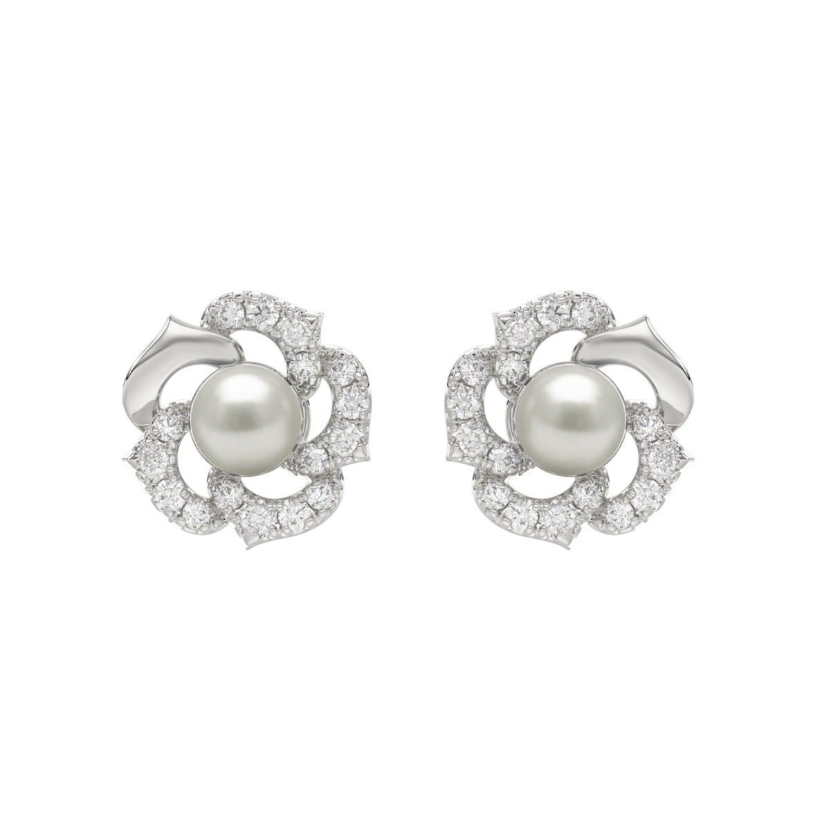 10K White Gold 1/4Ct Round Diamond & Pearl Drop Ea...