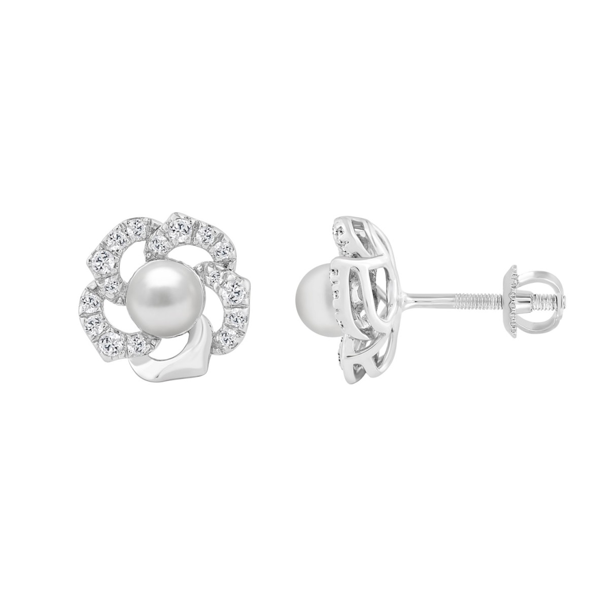 14K WHITE GOLD 1/4CT ROUND/PEARL DIAMOND LADIES EA...