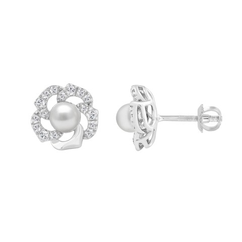 14K WHITE GOLD 1/4CT ROUND/PEARL DIAMOND LADIES EARRINGS