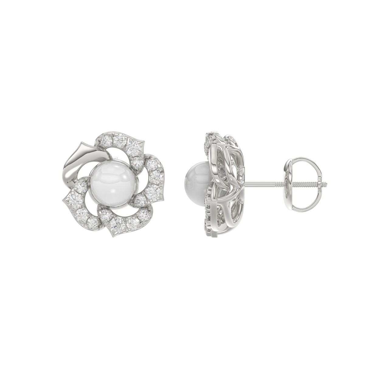 14K WHITE GOLD 1/4CT ROUND/PEARL DIAMOND LADIES EARRINGS