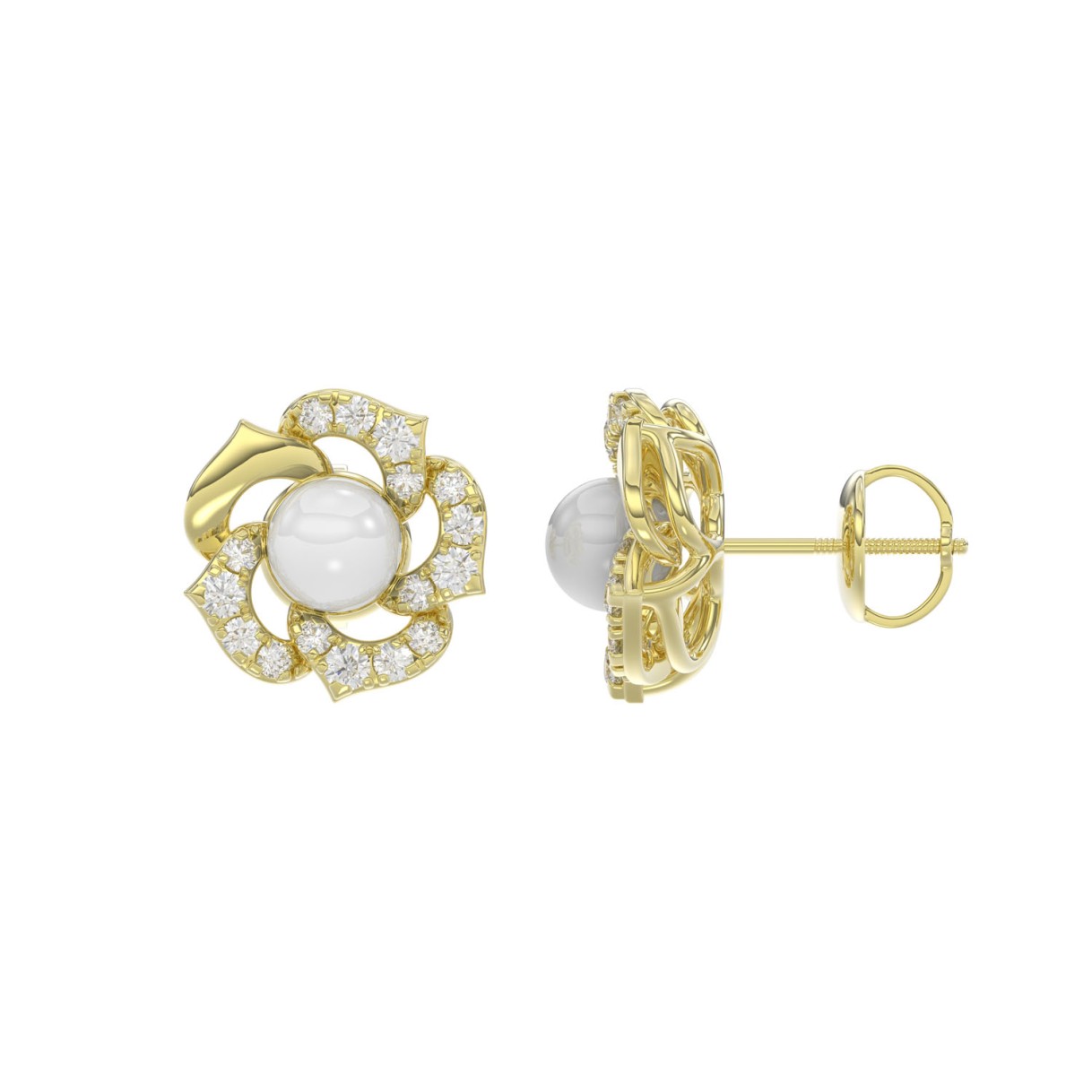 14K YELLOW GOLD 1/4CT ROUND/PEARL DIAMOND LADIES EARRINGS
