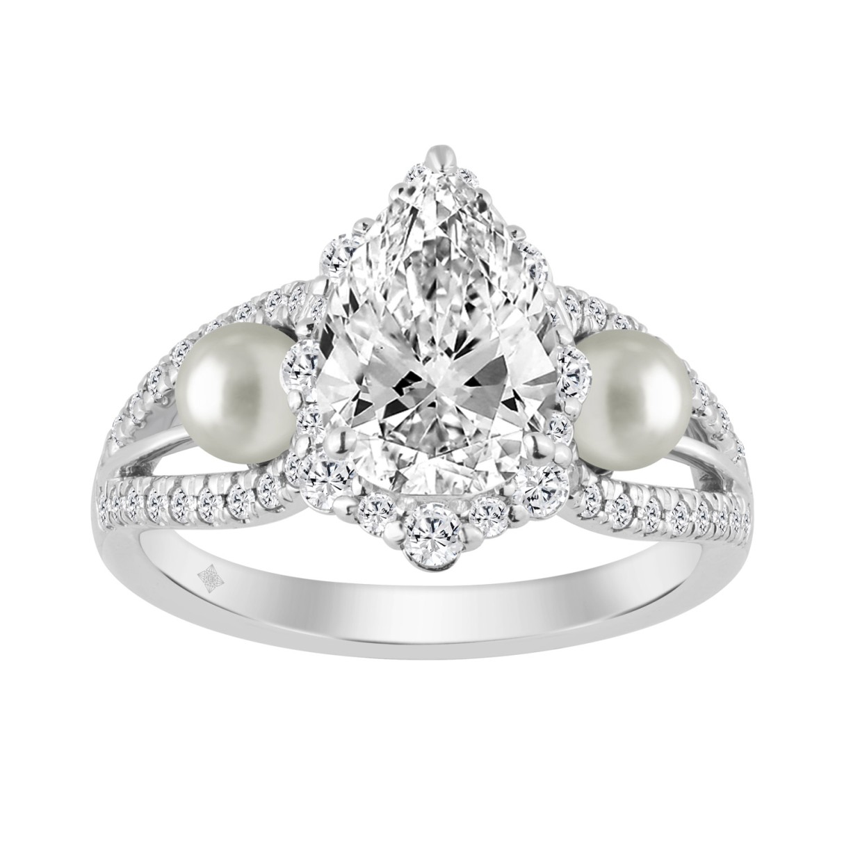 14K WHITE GOLD 2.00CT ROUND/PEAR/PEARL DIAMOND LADIES RING 