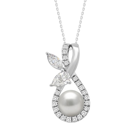 14K WHITE GOLD 1/2CT ROUND/MARQUISE/PEARL DIAMOND LADIES PENDANT WITH CHAIN
