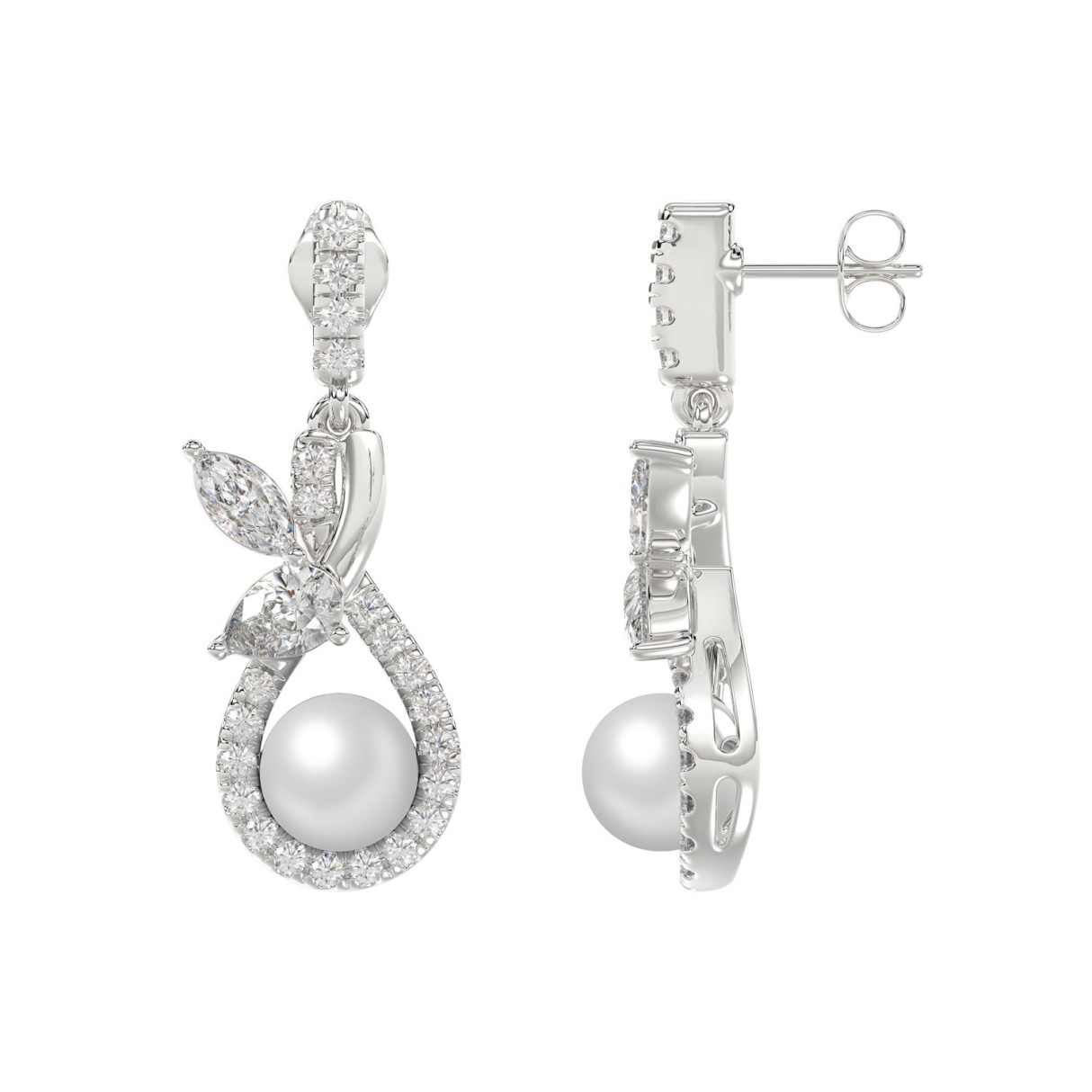 14K WHITE GOLD 3/4CT ROUND/MARQUISE/PEARL DIAMOND LADIES EARRINGS