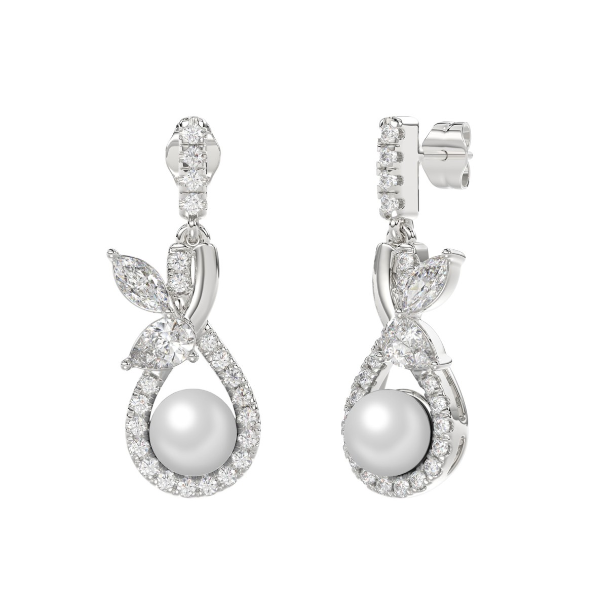 14K WHITE GOLD 3/4CT ROUND/MARQUISE/PEARL DIAMOND LADIES EARRINGS