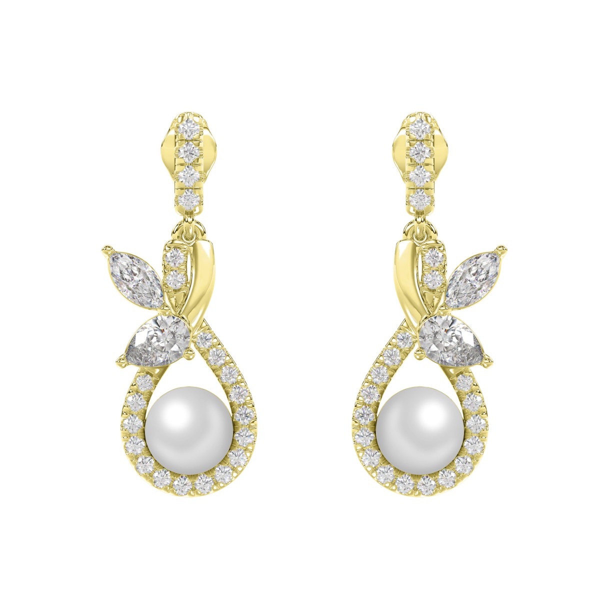 14K YELLOW GOLD 3/4CT ROUND/MARQUISE/PEARL DIAMOND LADIES EARRINGS