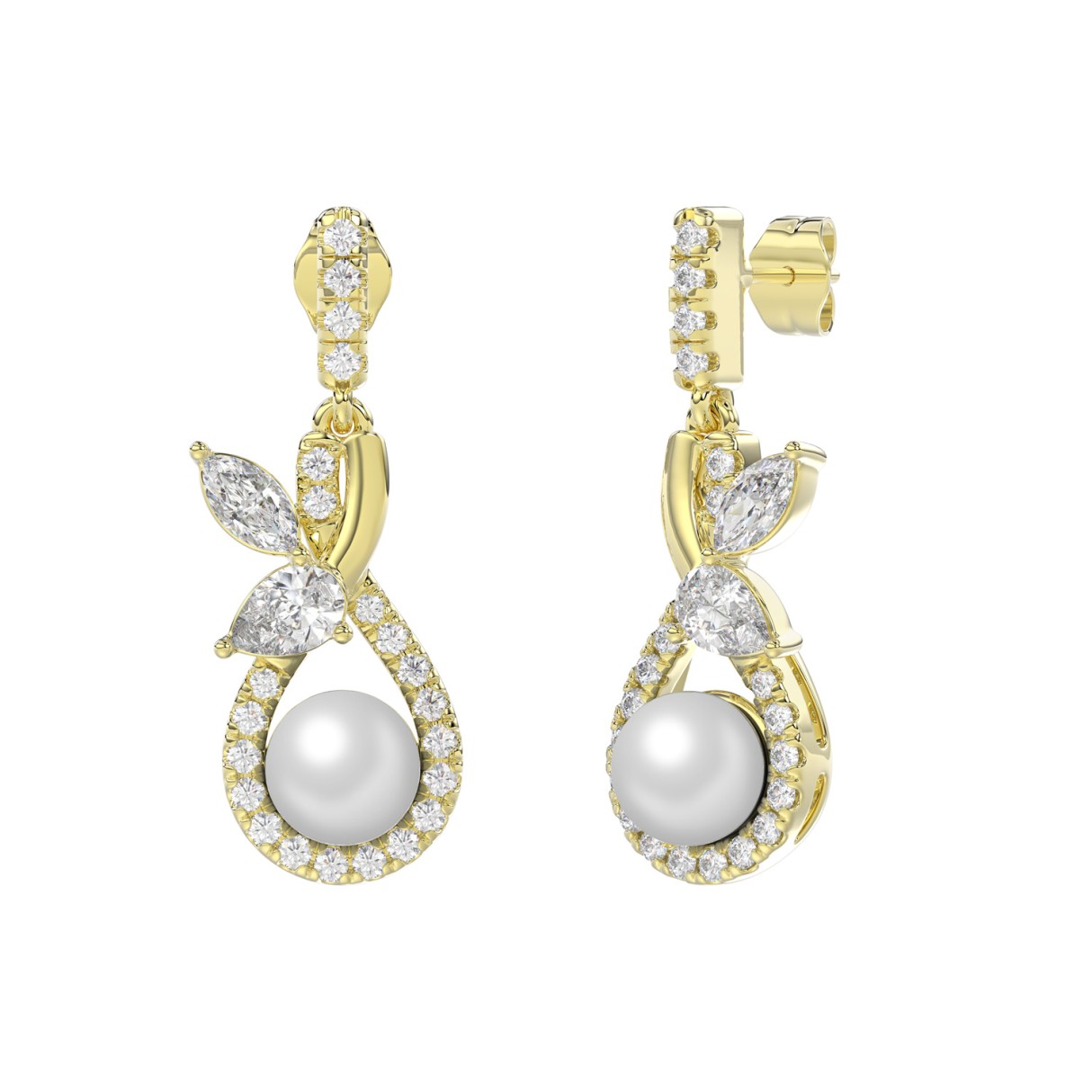 14K YELLOW GOLD 3/4CT ROUND/MARQUISE/PEARL DIAMOND LADIES EARRINGS