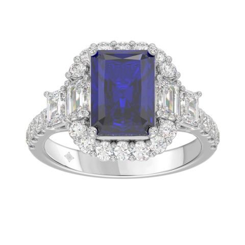 14K WHITE GOLD 4 1/2CT ROUND/EMERALD DIAMOND LADIES RING (CENTER STONE EMERALD BLUE SAPPHIRE DIAMOND 3CT)