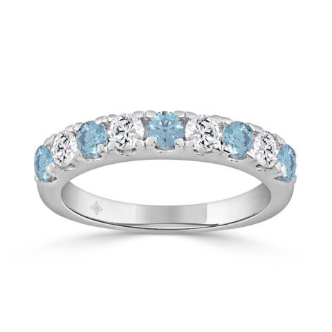 14K White Gold 1.00 CT Round Blue & White Diamond Alternating Band Ring
