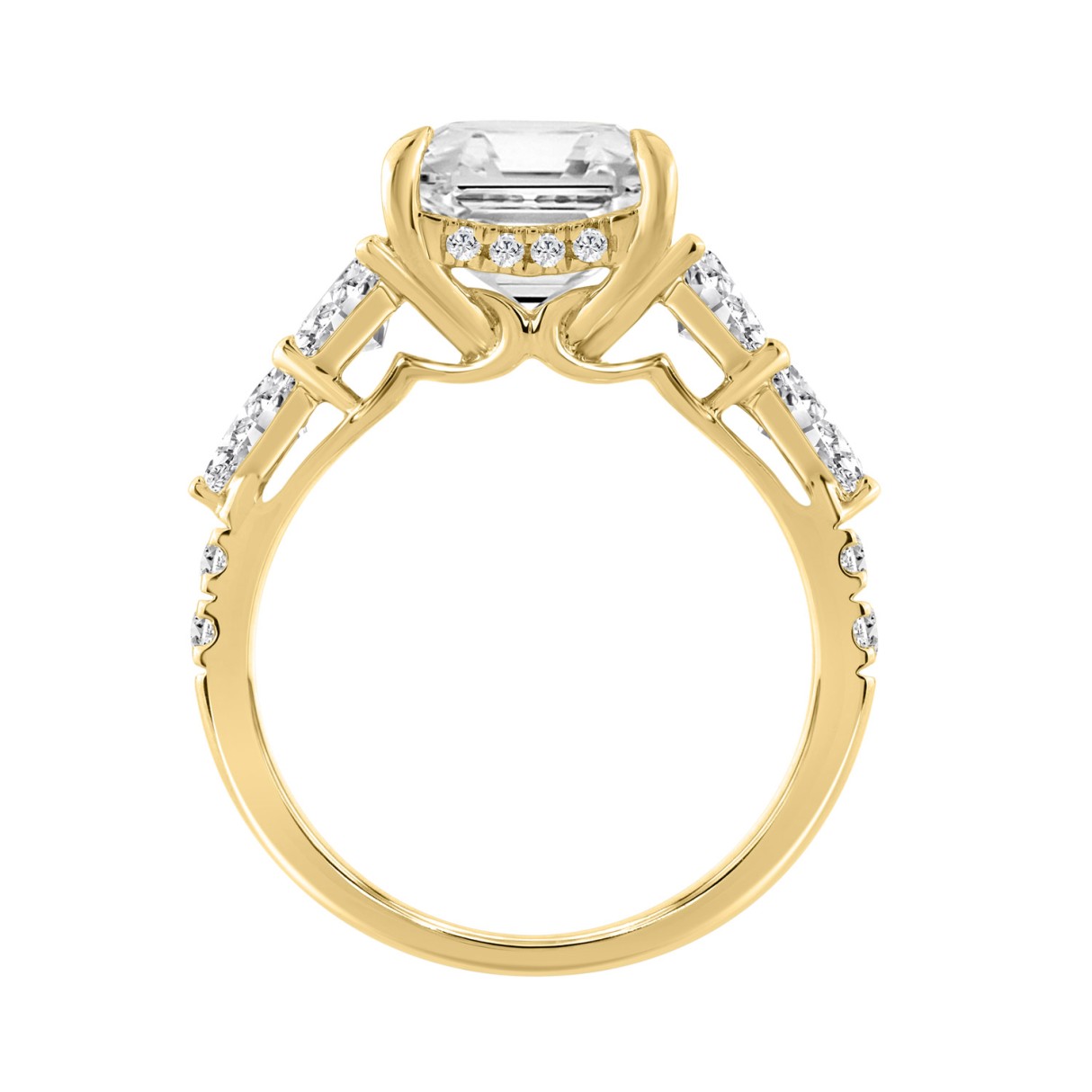 14K YELLOW GOLD 6 1/4CT ROUND/RADIANT/PEAR/TRAPEZOID DIAMOND LADIES RING (CENTER STONE RADIANT DIAMOND 5CT)