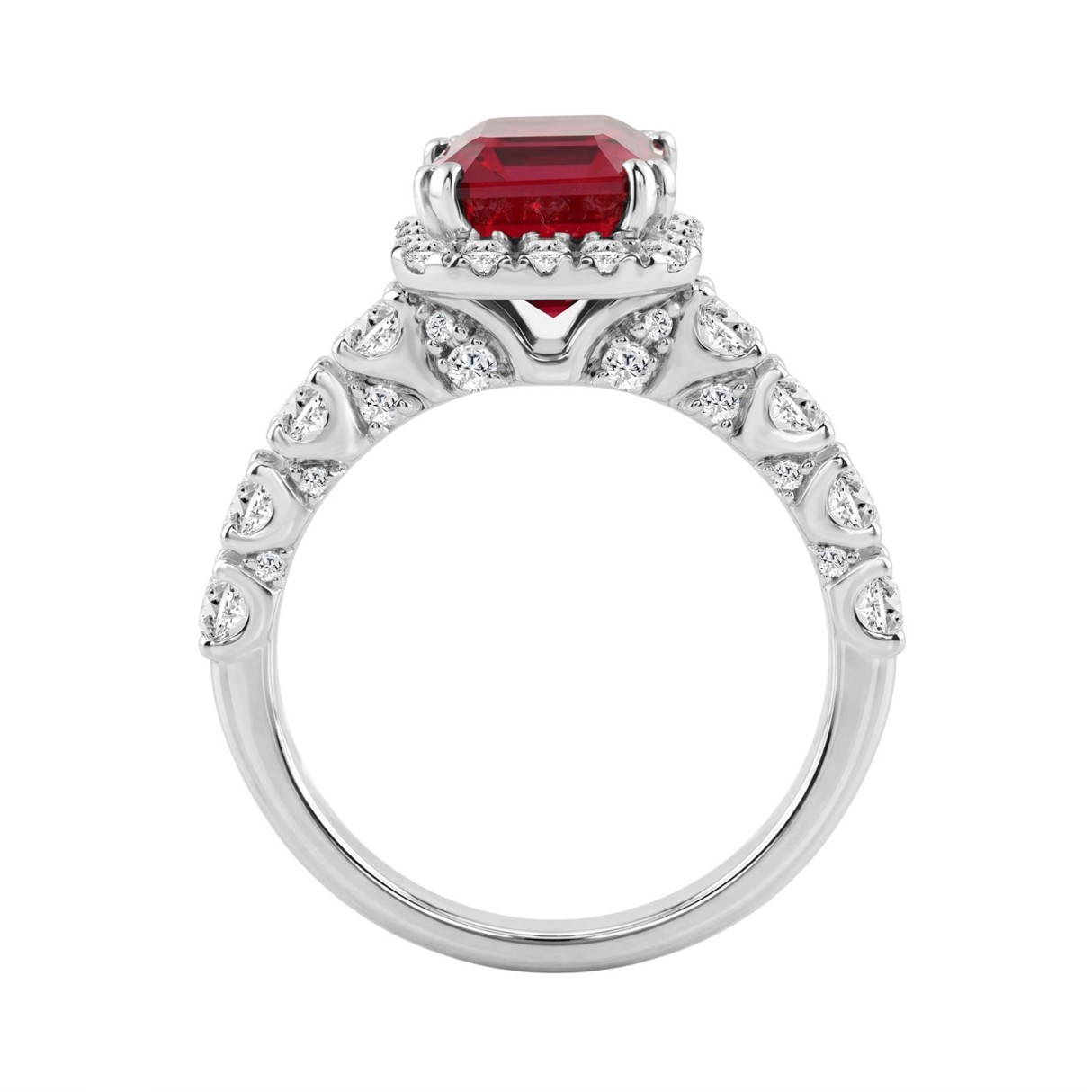 14K White Gold 3 1/2Ct Emerald Cut Ruby & Diamond Halo Engagement Ring 2 1/2Ct Ruby Emerald Center Stone Ladies Bridal Ring (Color F-G -Clarity Vs1/Vs2)