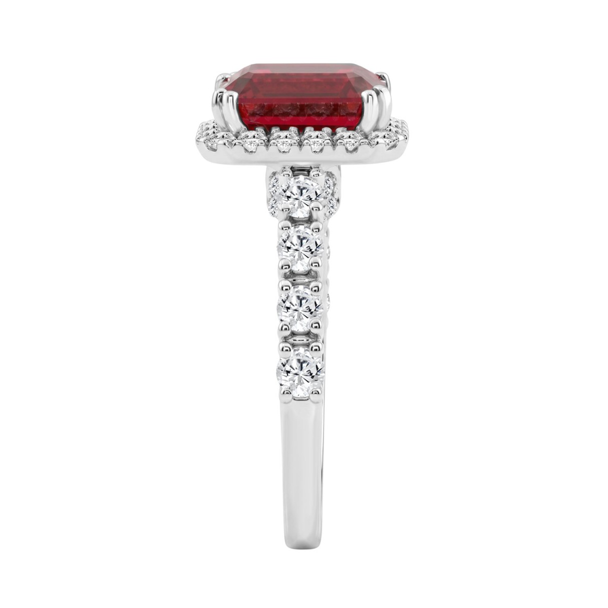 14K White Gold 3 1/2Ct Emerald Cut Ruby & Diamond Halo Engagement Ring 2 1/2Ct Ruby Emerald Center Stone Ladies Bridal Ring (Color F-G -Clarity Vs1/Vs2)