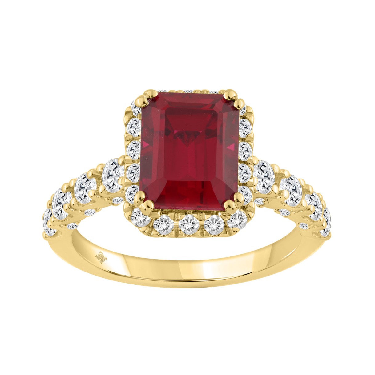 14K Yellow Gold 3 1/2Ct Emerald Cut Ruby & Diamond Halo Engagement Ring 2 1/2Ct Ruby Emerald Center Stone Ladies Bridal Ring (Color F-G -Clarity Vs1/Vs2)
