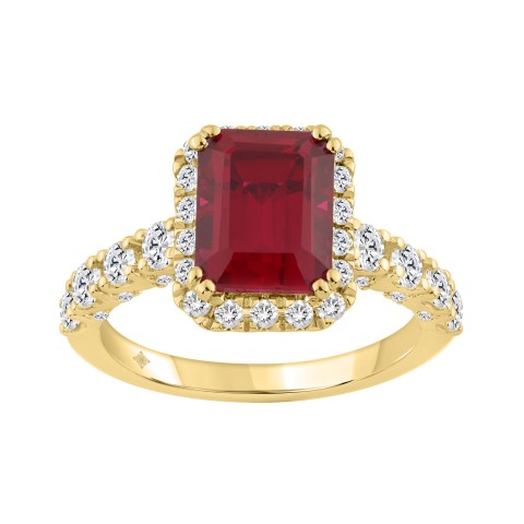 14K Yellow Gold 3 1/2Ct Emerald Cut Ruby & Diamond Halo Engagement Ring 2 1/2Ct Ruby Emerald Center Stone Ladies Bridal Ring (Color F-G -Clarity Vs1/Vs2)