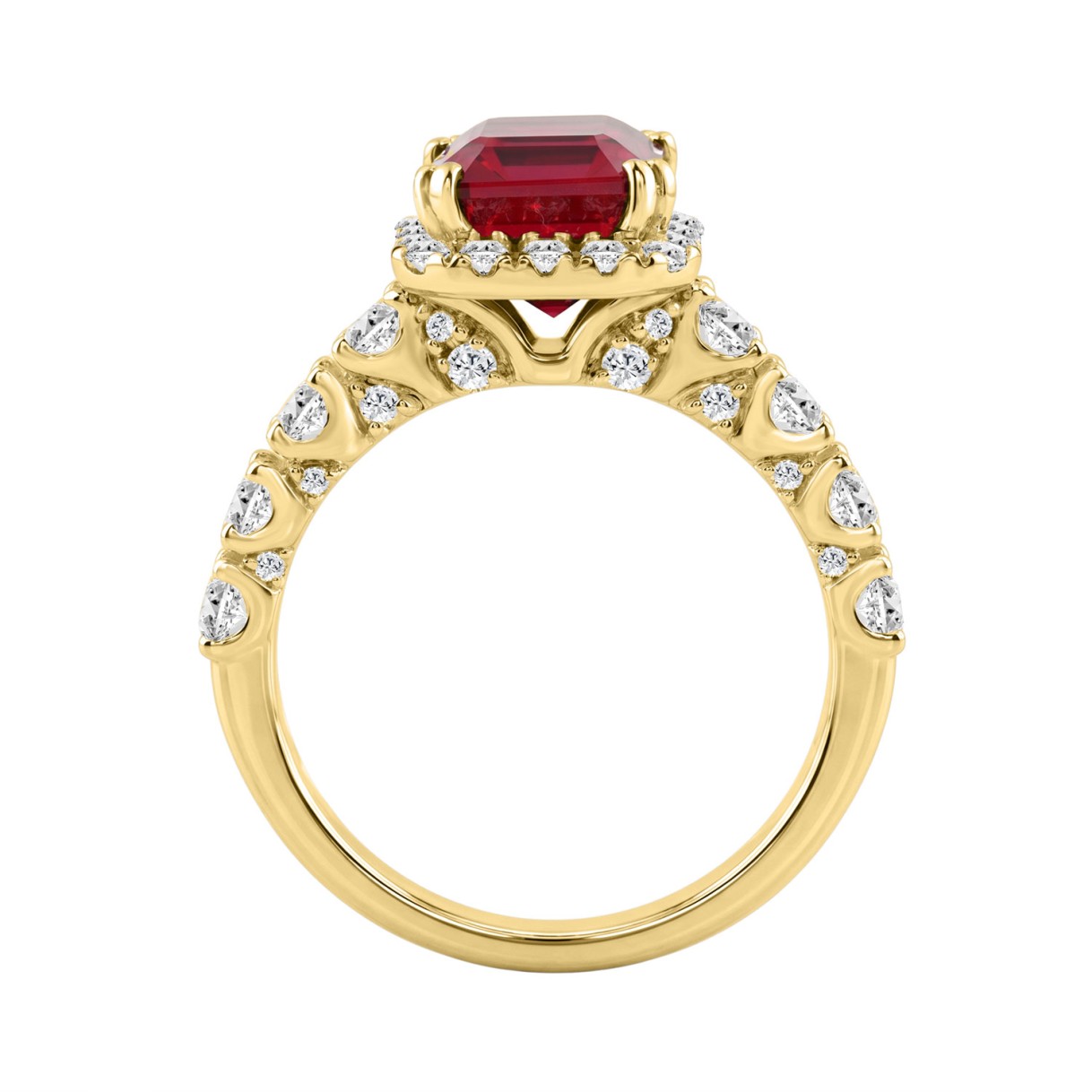 14K Yellow Gold 3 1/2Ct Emerald Cut Ruby & Diamond Halo Engagement Ring 2 1/2Ct Ruby Emerald Center Stone Ladies Bridal Ring (Color F-G -Clarity Vs1/Vs2)