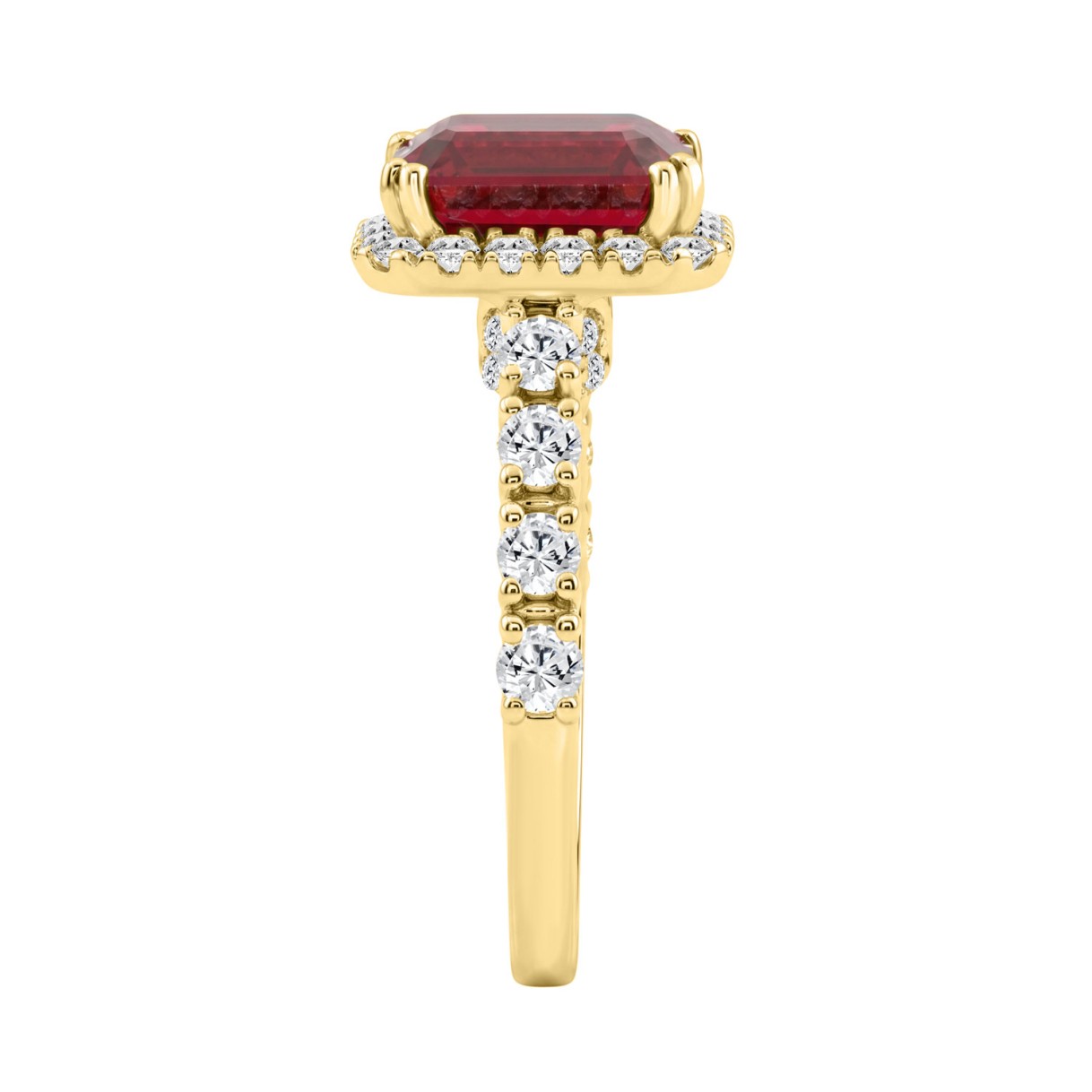 14K Yellow Gold 3 1/2Ct Emerald Cut Ruby & Diamond Halo Engagement Ring 2 1/2Ct Ruby Emerald Center Stone Ladies Bridal Ring (Color F-G -Clarity Vs1/Vs2)