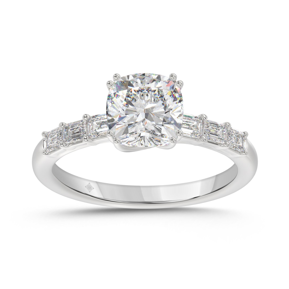 14K WHITE GOLD 3 1/2CT EMERALD/CUSHION DIAMOND LADIES RING (CENTER STONE CUSHION DIAMOND 3CT)