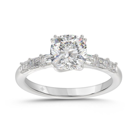 14K WHITE GOLD 3 1/2CT EMERALD/CUSHION DIAMOND LADIES RING (CENTER STONE CUSHION DIAMOND 3CT)