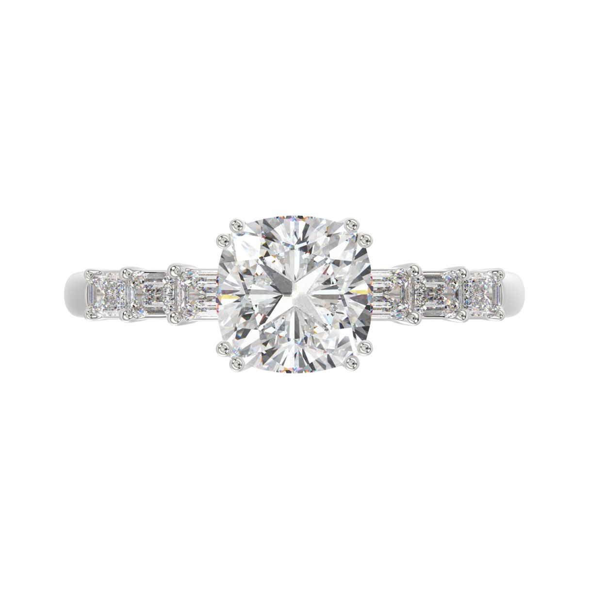 14K WHITE GOLD 3 1/2CT EMERALD/CUSHION DIAMOND LADIES RING (CENTER STONE CUSHION DIAMOND 3CT)