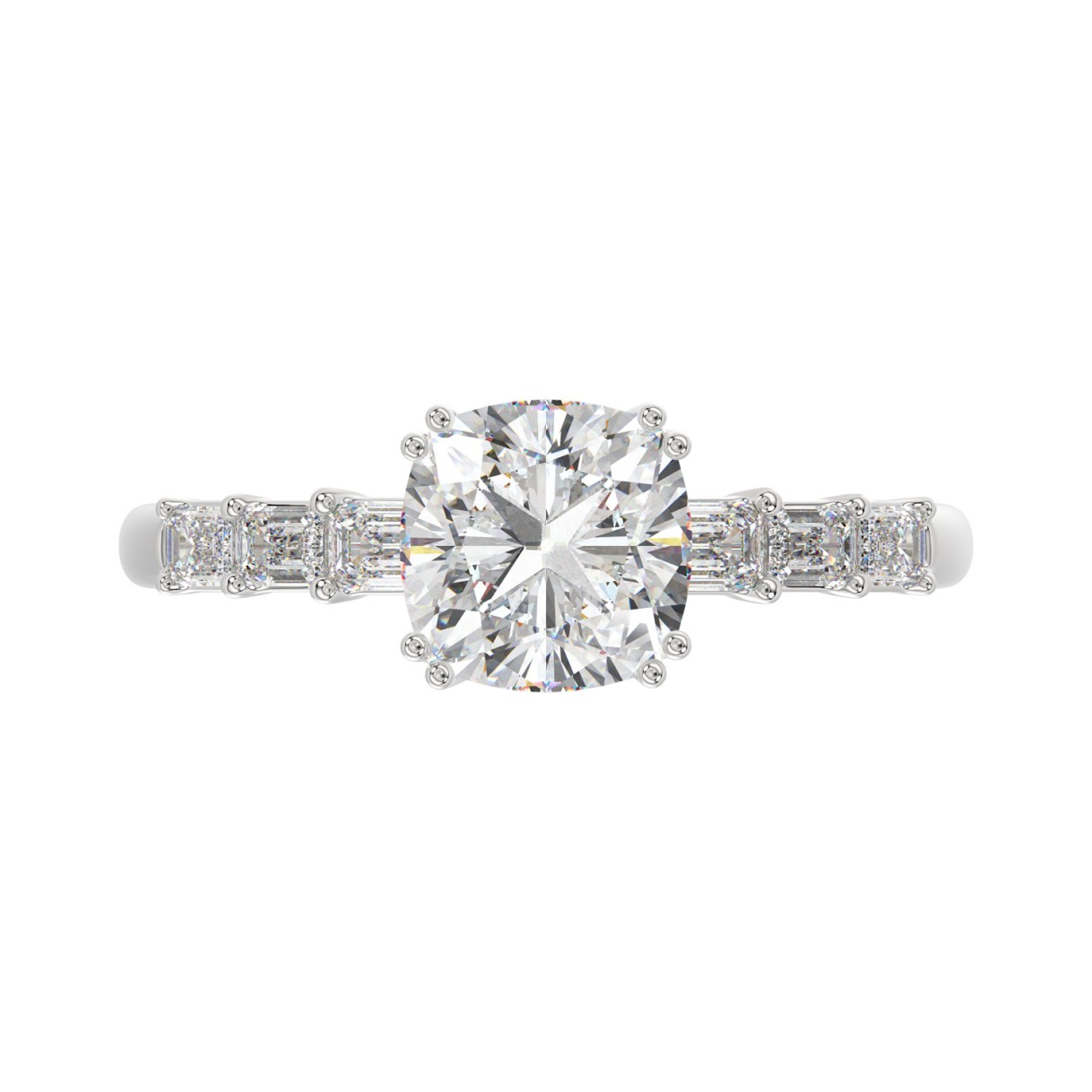 14K WHITE GOLD 3 1/2CT EMERALD/CUSHION DIAMOND LADIES RING (CENTER STONE CUSHION DIAMOND 3CT)