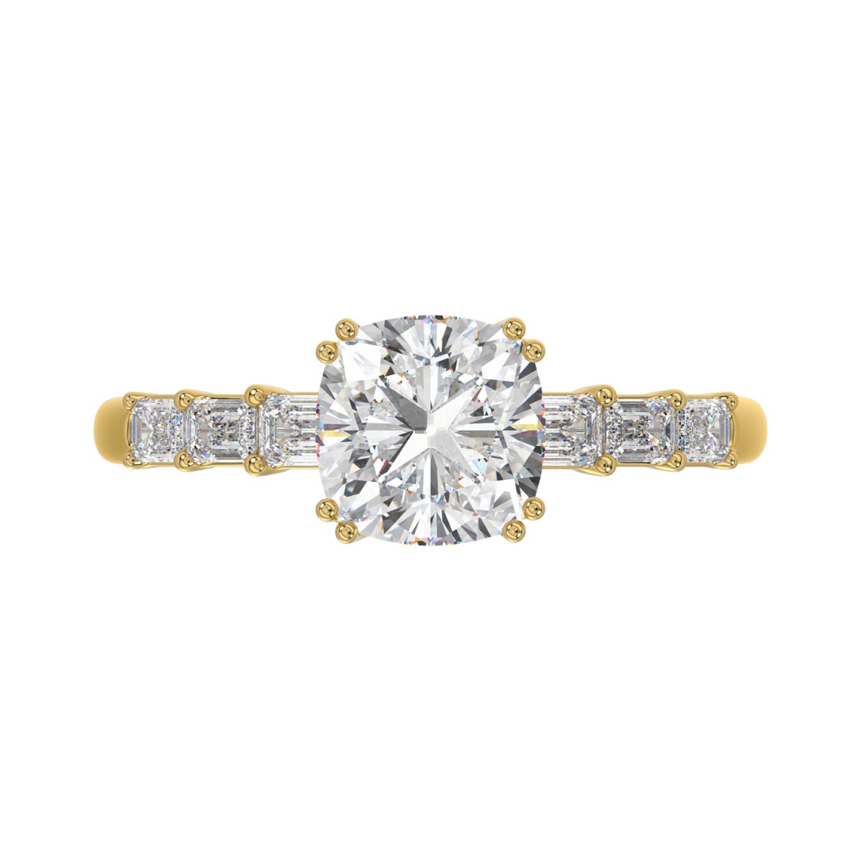14K YELLOW GOLD 3 1/2CT EMERALD/CUSHION DIAMOND LADIES RING (CENTER STONE CUSHION DIAMOND 3CT)
