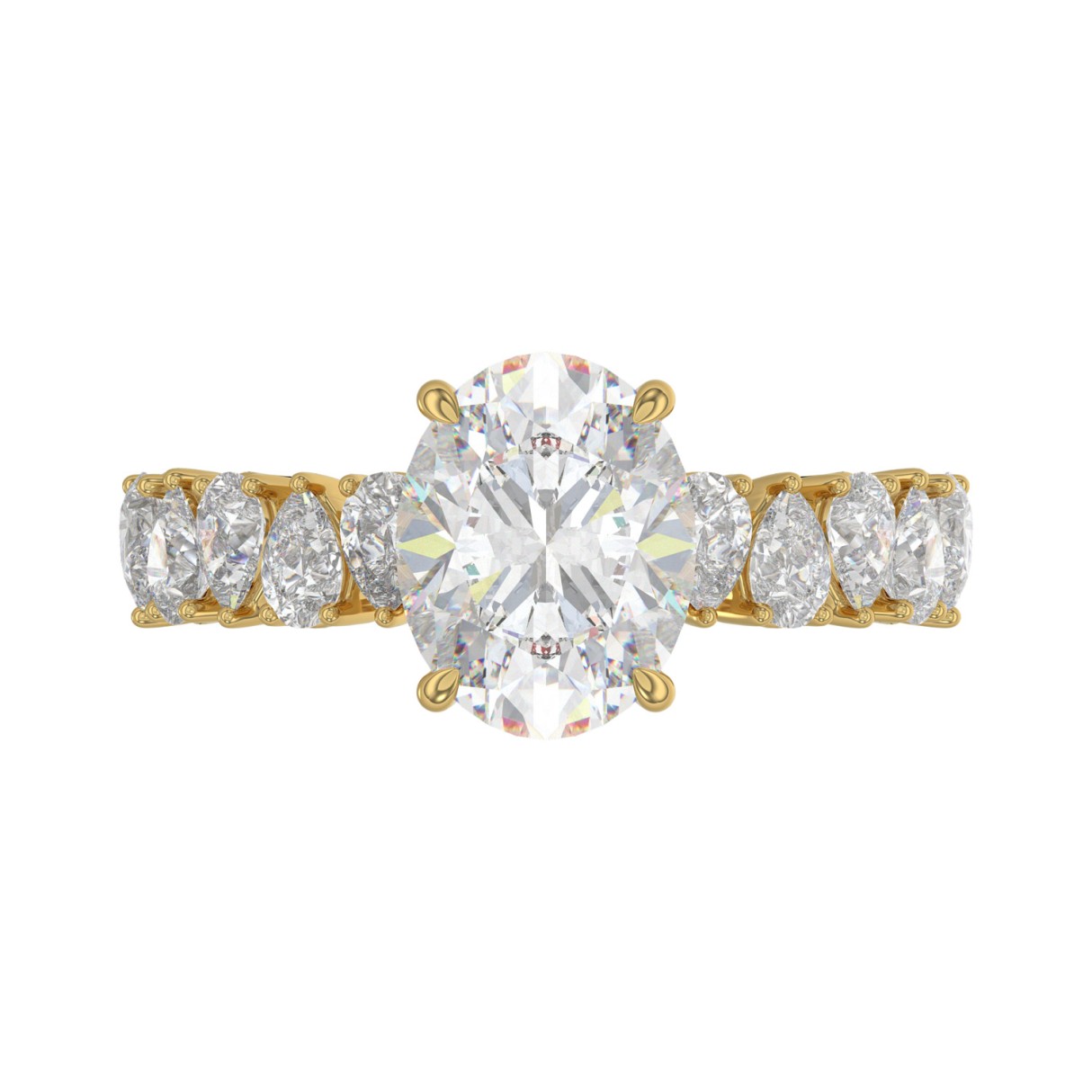 14K YELLOW GOLD 2 3/4CT ROUND/OVAL/PEAR DIAMOND LADIES RING (CENTER STONE OVAL DIAMOND 2CT)