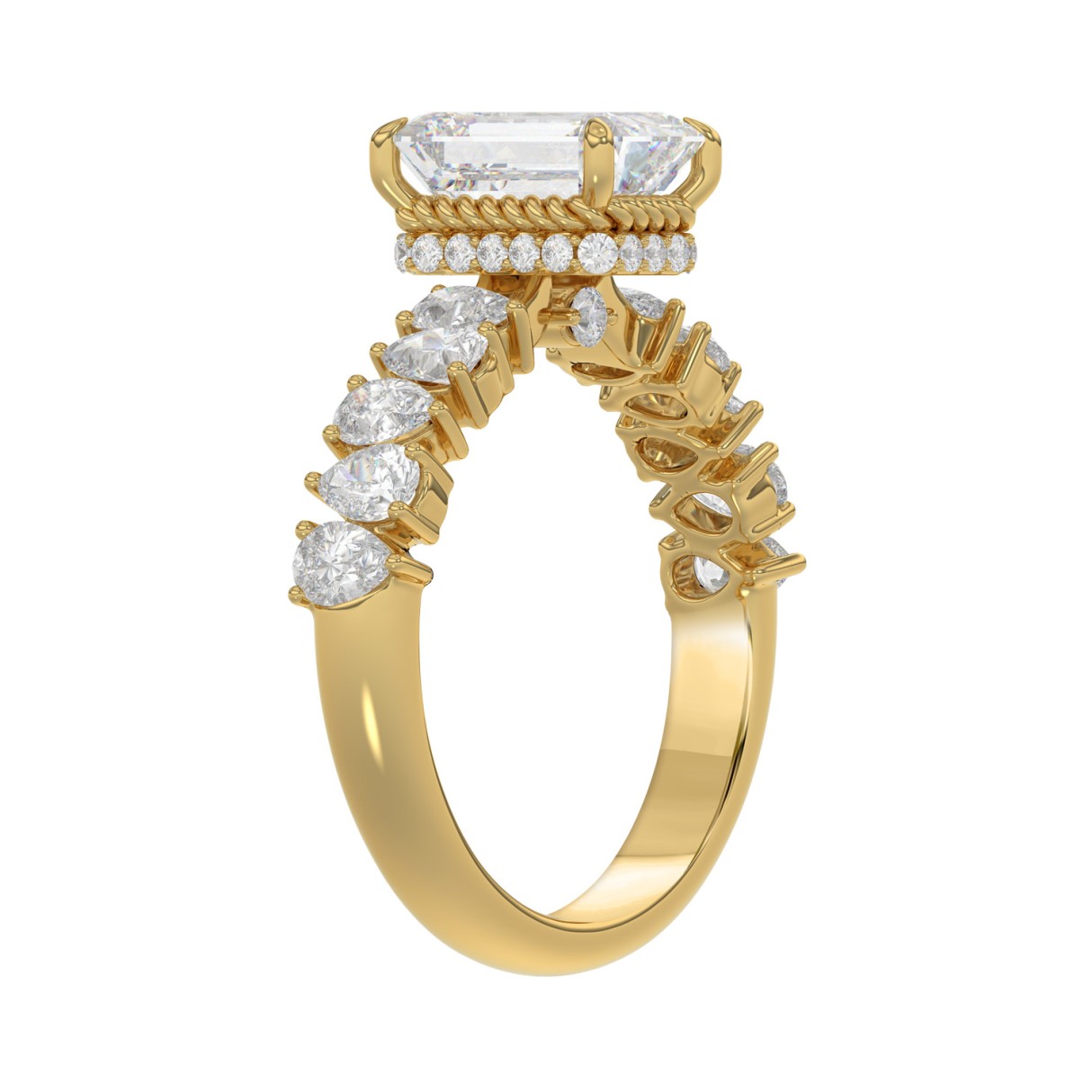 14K YELLOW GOLD 2 3/4CT ROUND/PEAR/EMERALD DIAMOND LADIES RING (CENTER STONE EMERALD DIAMOND 2CT)