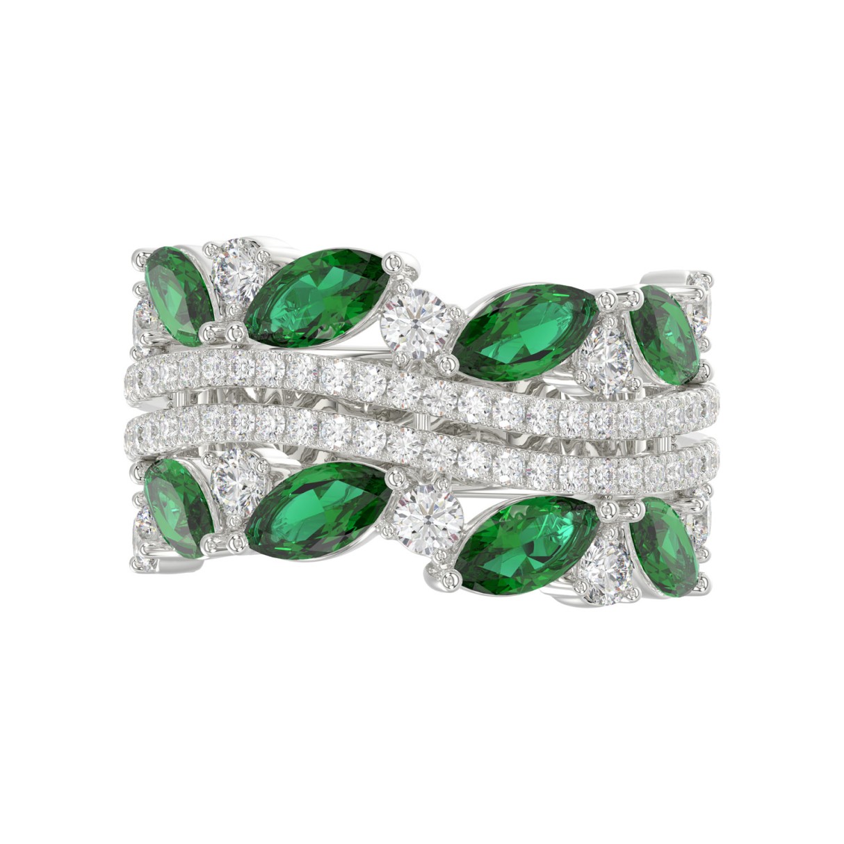 14K WHITE GOLD 2 3/8CT ROUND/MARQUISE DIAMOND LADIES RING (GREEN EMERALD MARQUISE DIAMOND 1 1/2CT)