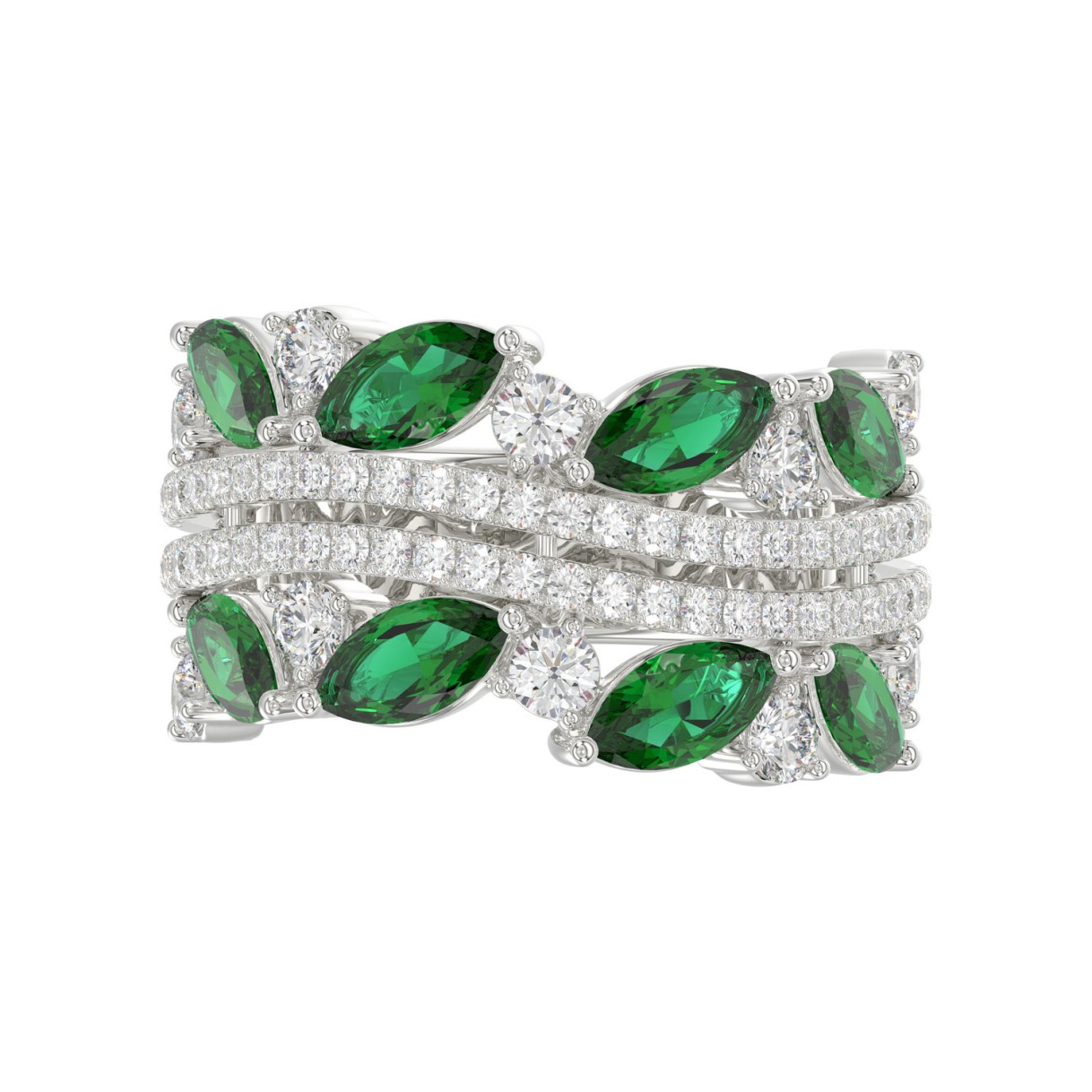 14K WHITE GOLD 2 3/8CT ROUND/MARQUISE DIAMOND LADIES RING (GREEN EMERALD MARQUISE DIAMOND 1 1/2CT)