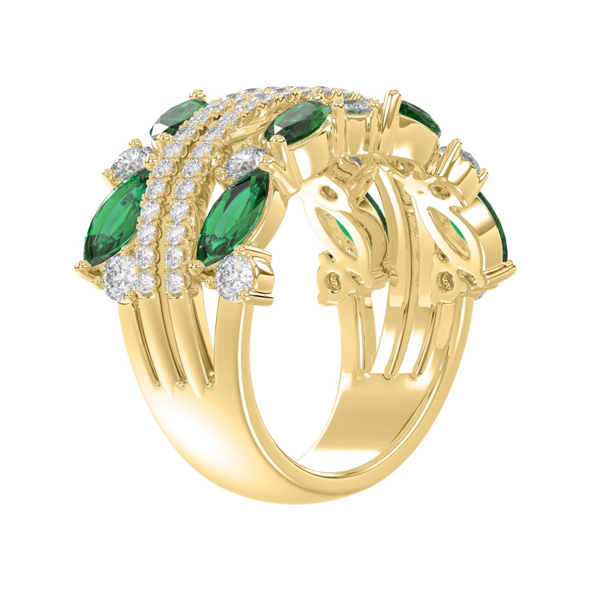 14K YELLOW GOLD 2 3/8CT ROUND/MARQUISE DIAMOND LADIES RING (GREEN EMERALD MARQUISE DIAMOND 1 1/2CT)