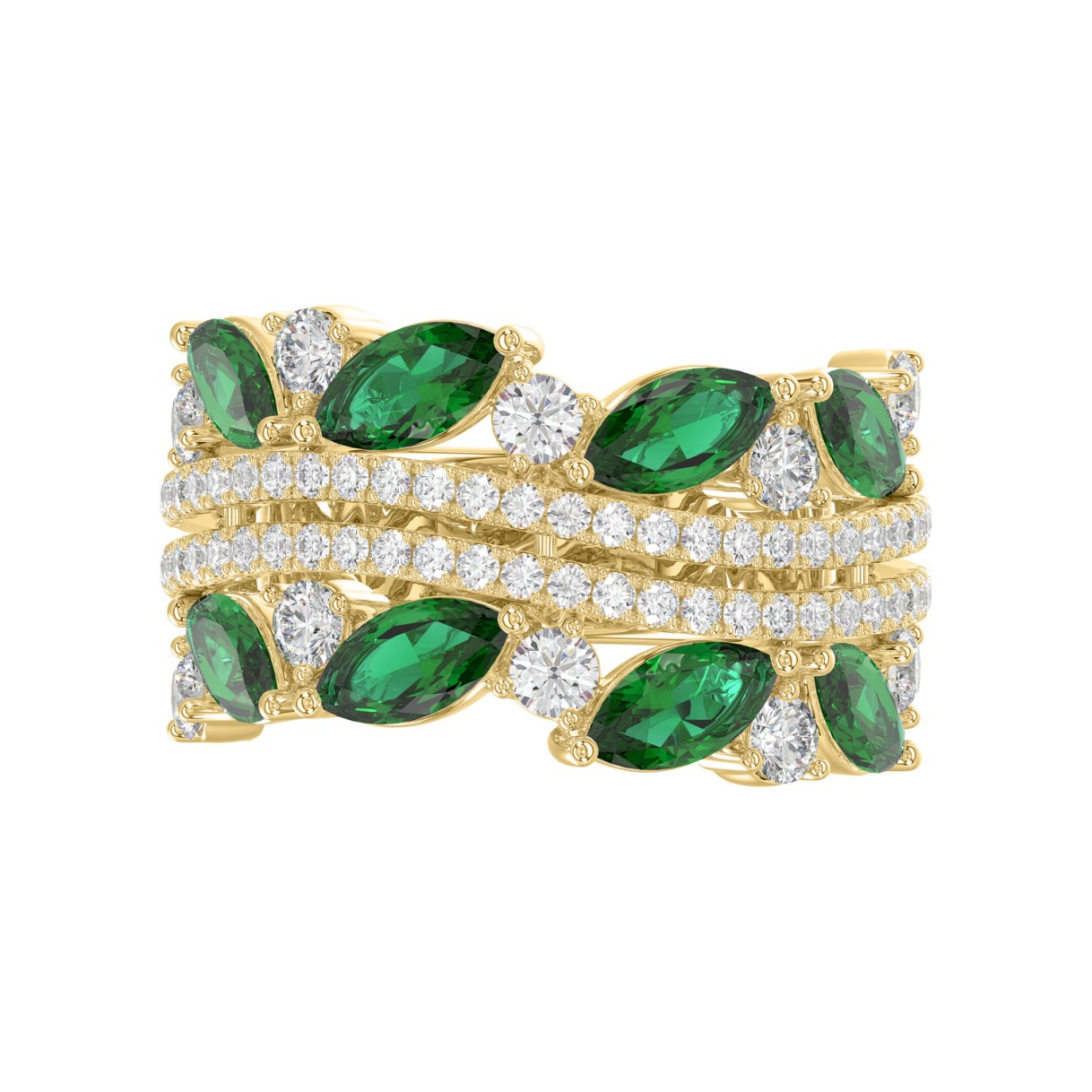 14K YELLOW GOLD 2 3/8CT ROUND/MARQUISE DIAMOND LADIES RING (GREEN EMERALD MARQUISE DIAMOND 1 1/2CT)
