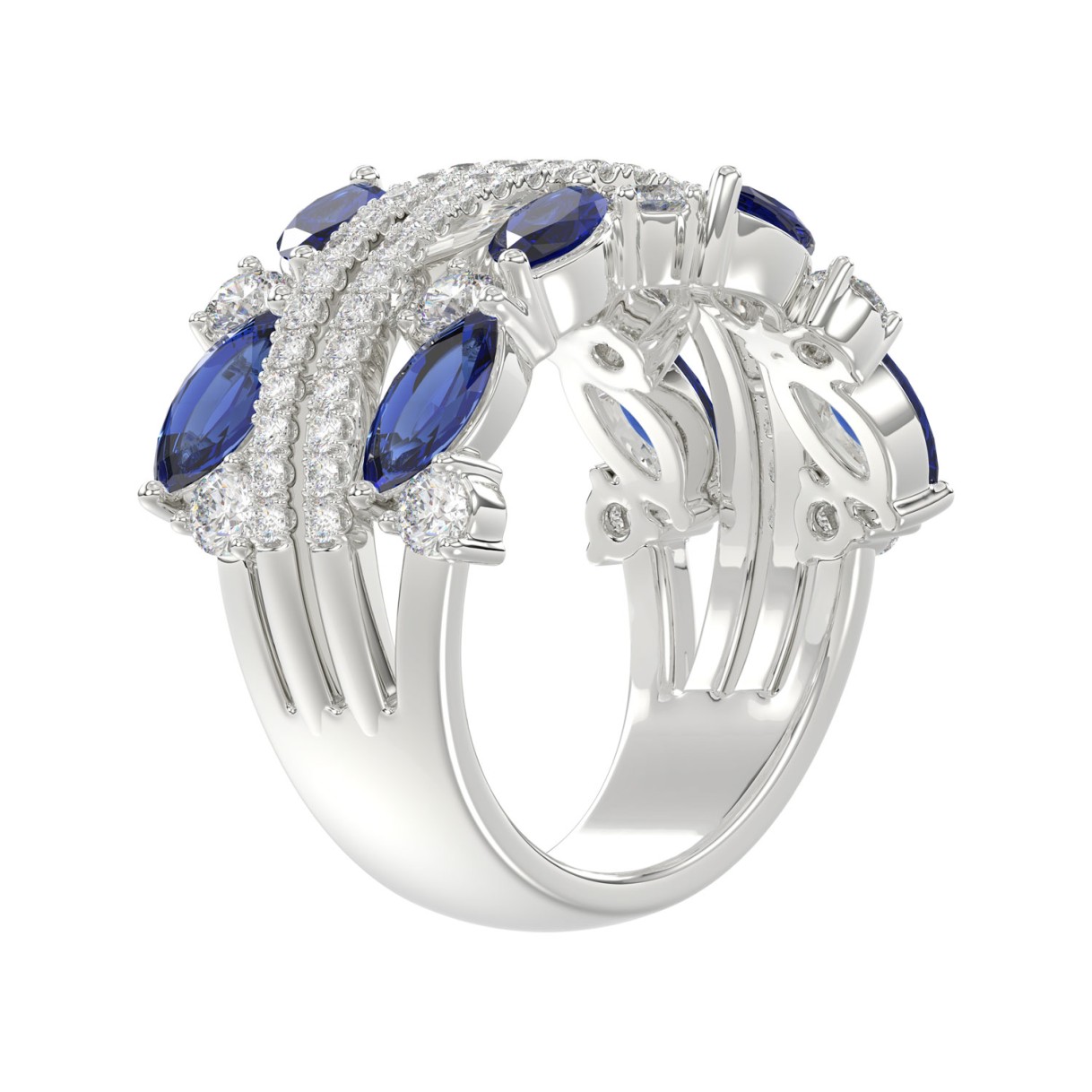 14K WHITE GOLD 2 7/8CT ROUND/BLUE SAPPHIRE MARQUISE DIAMOND LADIES RING (BLUE SAPPHIRE MARQUISE DIAMOND 2CT)