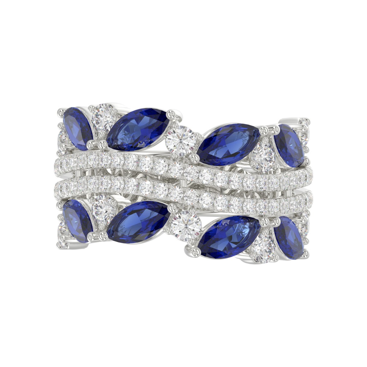 14K WHITE GOLD 2 7/8CT ROUND/BLUE SAPPHIRE MARQUISE DIAMOND LADIES RING (BLUE SAPPHIRE MARQUISE DIAMOND 2CT)