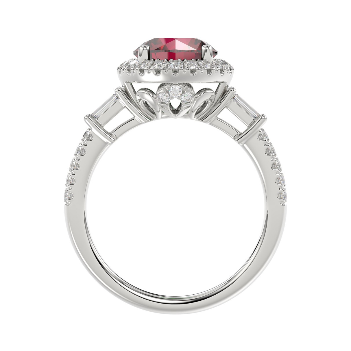 14K WHITE GOLD 2 1/2CT ROUND/BAGUETTE DIAMOND LADIES RING (CENTER STONE ROUND RUBY DIAMOND 2CT)
