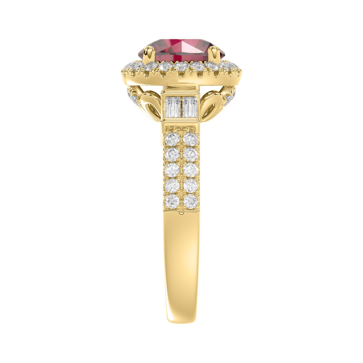 14K YELLOW GOLD 2 1/2CT ROUND/BAGUETTE DIAMOND LADIES RING (CENTER STONE ROUND RUBY DIAMOND 2CT)