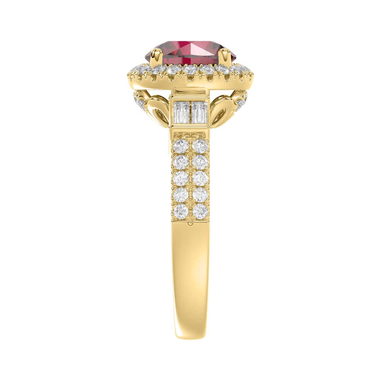 14K YELLOW GOLD 2 1/2CT ROUND/BAGUETTE DIAMOND LADIES RING (CENTER STONE ROUND RUBY DIAMOND 2CT)