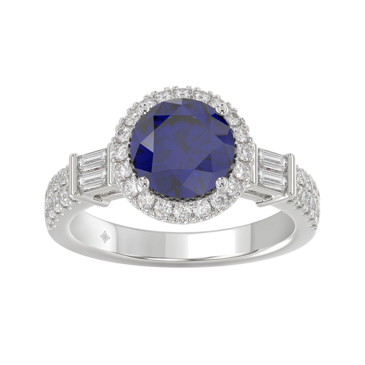 14K WHITE GOLD 2 1/2CT ROUND/BAGUETTE DIAMOND LADIES RING (CENTER STONE BLUE SAPPHIRE ROUND DIAMOND 2CT)
