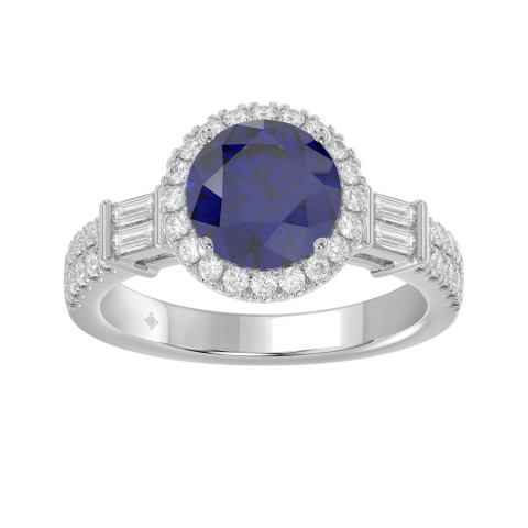 14K WHITE GOLD 2 1/2CT ROUND/BAGUETTE DIAMOND LADIES RING (CENTER STONE BLUE SAPPHIRE ROUND DIAMOND 2CT)