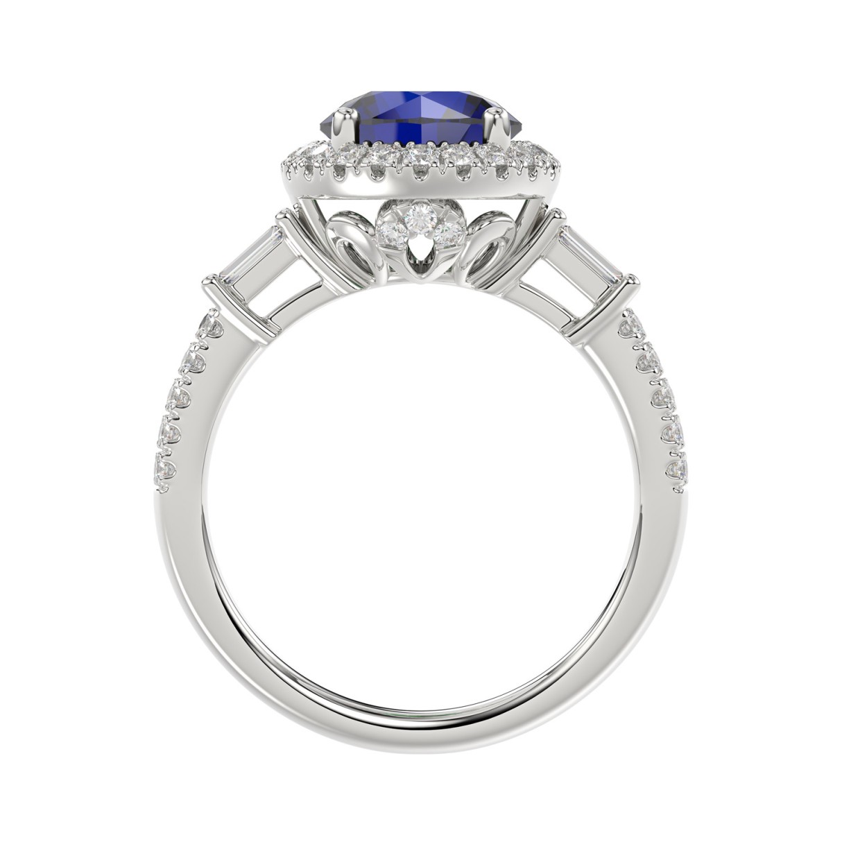 14K WHITE GOLD 2 1/2CT ROUND/BAGUETTE DIAMOND LADIES RING (CENTER STONE BLUE SAPPHIRE ROUND DIAMOND 2CT)
