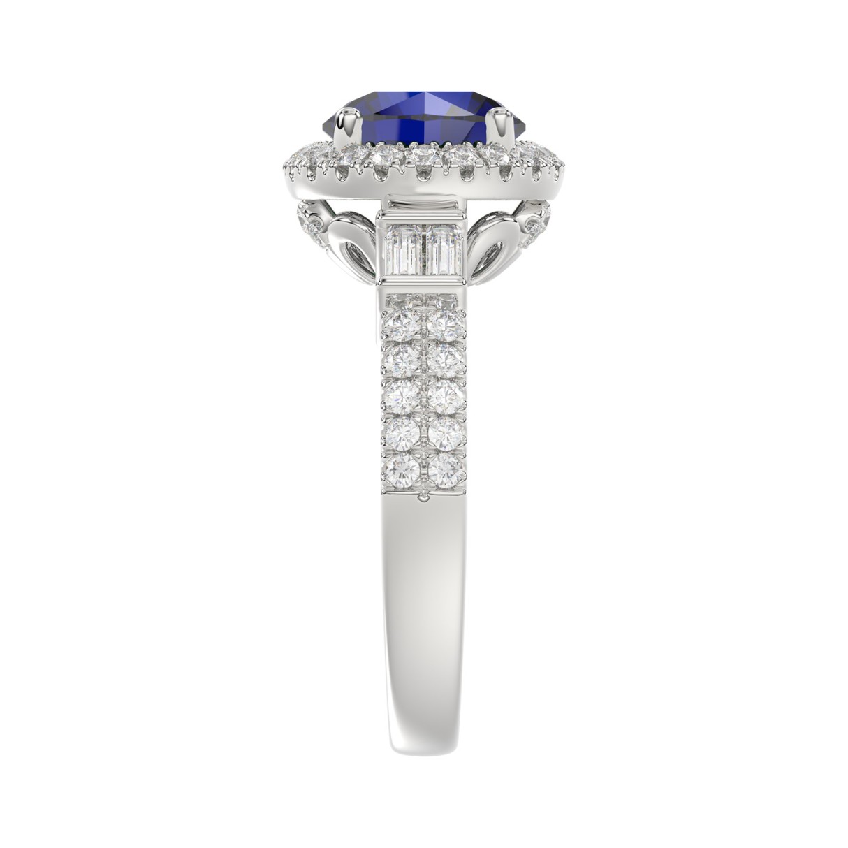 14K WHITE GOLD 2 1/2CT ROUND/BAGUETTE DIAMOND LADIES RING (CENTER STONE BLUE SAPPHIRE ROUND DIAMOND 2CT)